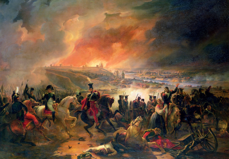 Napoleon and Prince Poniatowski before the burning city of Smolensk