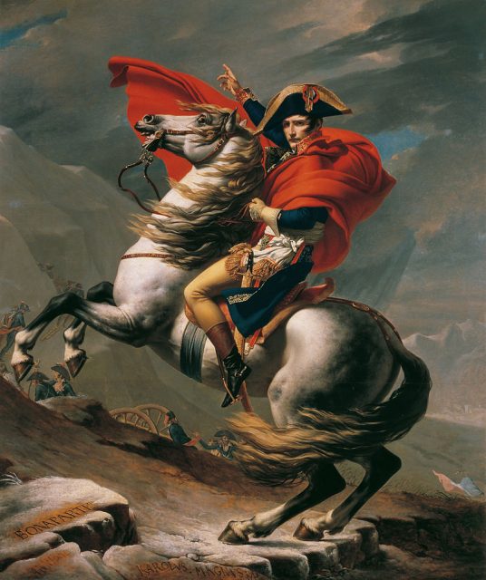 Napoleon Crossing the Alps painted by Jacques-Louis David. The horse in the painting is believed to be Marengo.