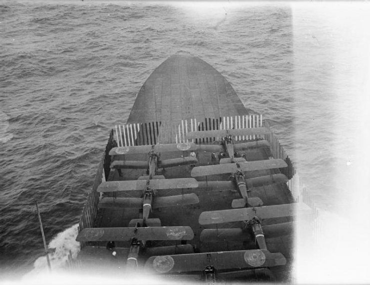 Navalised Camels on the aircraft carrier HMS Furious prior to raiding the Tondern airship hangars.