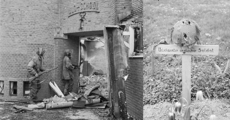 Left: A Dutch school damaged by mortar fire, being searched for German snipers.Right:The grave of an unknown British airborne soldier at Arnhem, photographed after its liberation 15 April 1945.
