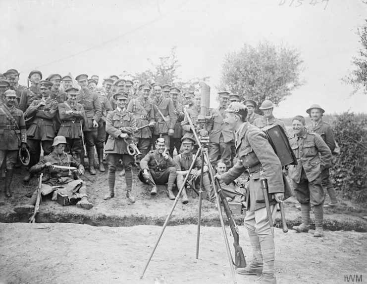 Officers of the Royal Inniskilling Fusiliers, 109th Brigade, 36th Division with souvenirs of the capture of Wytschaete. Near Dranouter, June 11, 1917.
