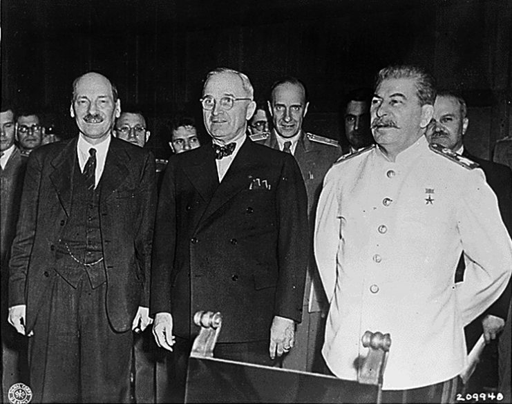 Postdam agreement between three of the Allies of World War II, the United Kingdom, the United States, and the Soviet Union. Attlee, Truman, Stalin.