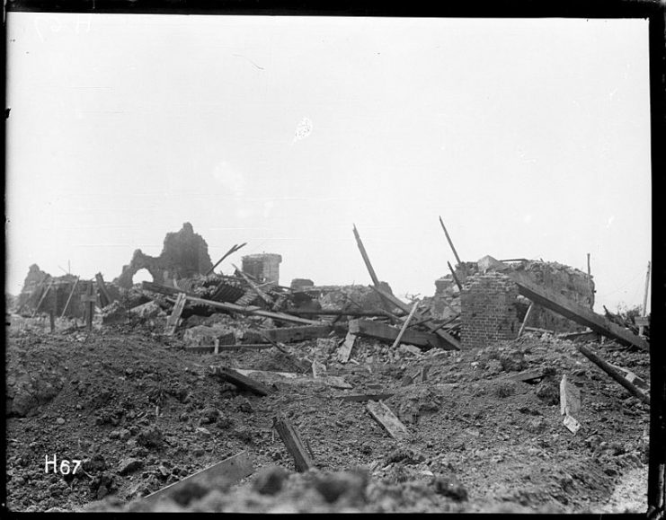 Ruins of a building, Messines, during World War I.