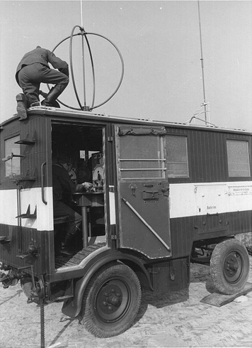 German WWII-era mobile radio direction finding unit. An operator is adjusting the main loop antenna on the roof. The loop antenna is rotated by a shaft running into the cabin, and its output connected to an EP2a receiver.