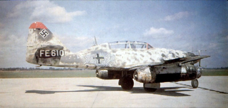 Me 262B-1a U1 night fighter, Wrknr. 110306, with FuG 218 Neptun antennae in the nose and second seat for a radar operator. This airframe was surrendered to the RAF at Schleswig in May 1945 and was taken to the UK for testing.
