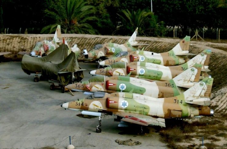 A storage site for Israeli Air Force McDonnell Douglas A-4N Skyhawk aircraft, awaiting dismantling.