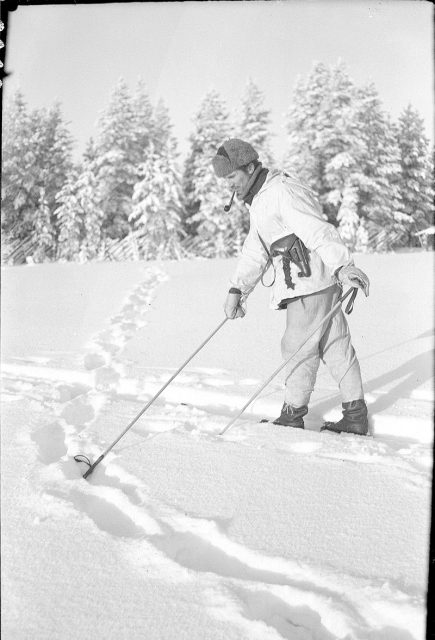 Soviet tracks at Kianta Lake, Suomussalmi during a Finnish pursuit in December 1939. Nordic combined skier Timo Murama is pictured.