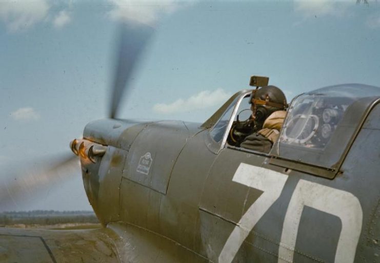 Flight Lieutenant Laurie of No 222 Squadron, Royal Air Force starting up Supermarine Spitfire Mark V, BM202 ‘ZD-H’ “Flying Scotsman”, at North Weald, Essex.