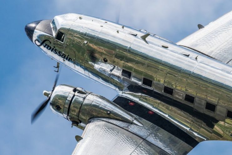 Swissair DC-3 at the Biel Airfestival 2014, Switzerland.Photo Peter Gronemann CC BY-NC-ND 2.0