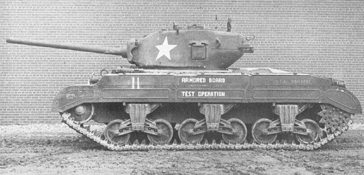 T23 with production cast turret mounting 76 mm M1A1 gun. The T23 turret would be used for the 76-mm M4 Sherman. Note the vertical volute spring suspension.