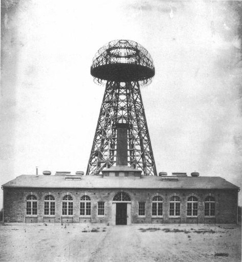 Tesla’s Wardenclyffe wireless station, in Shoreham, NY, 1904.The experimental facility was intended to be a transatlantic radiotelegraphy station and wireless power transmitter, but was never completed. The tower was torn down in 1916 but the lab building remains.