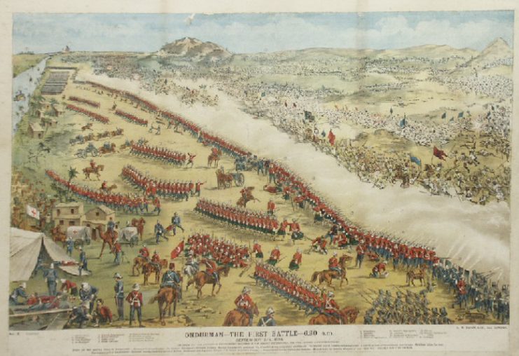 The Battle of Omdurman, 1898, from the Purton Museum, Wiltshire. This illustration depicts the British wearing the red home service uniforms to identify the different regiments involved.