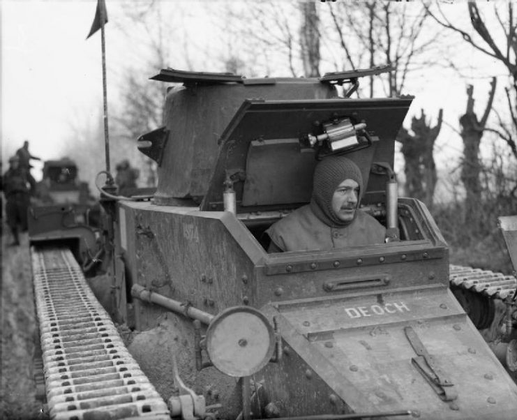 The driver of a Matilda I in France during the winter of 1939–40. This shows the cramped driver’s compartment and how the hatch obstructs the gun turret.
