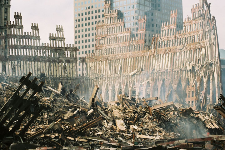 The exterior support columns from the lower level of the South Tower remain standing after the collapse of the building.