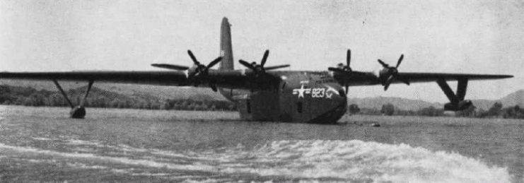 The Martin JRM-2 Hawaii Mars (BuNo 76823) at Clear Lake, in Lake County, northern California (USA) which had been selected as an alternate landing place for the Mars flying boats, when they could not land at Naval Air Station Alameda.