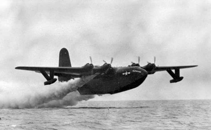 The U.S. Navy Martin JRM-1 “Philippine Mars” (BuNo 76820) making a rocket-assisted take-off (RATO).