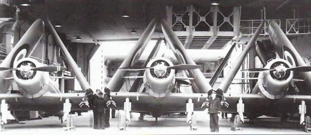 Three Vought V-156F in the hangar of the aircraft carrier Béarn.Unknown CC BY-SA 4.0