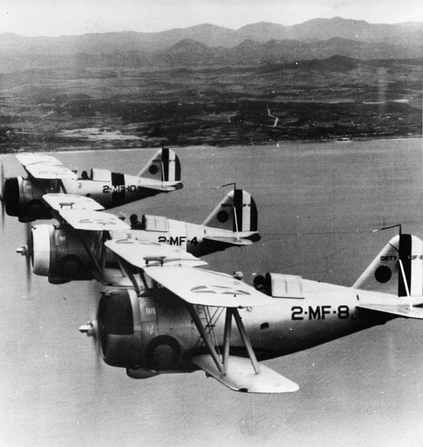 U.S. Marine Corps Grumman F3F-2 of Marine Fighting Squadron 2 (VMF-2) flying in formation