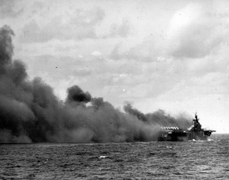 USS Ticonderoga CV-14 after being hit by two Kamikaze Planes Off Formosa Taiwan January 1945