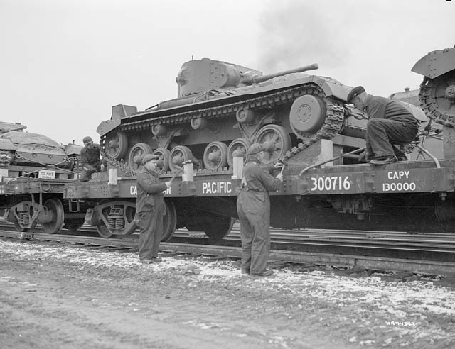 Valentines bound for the Soviet Union being loaded on C.P.R. flat cars