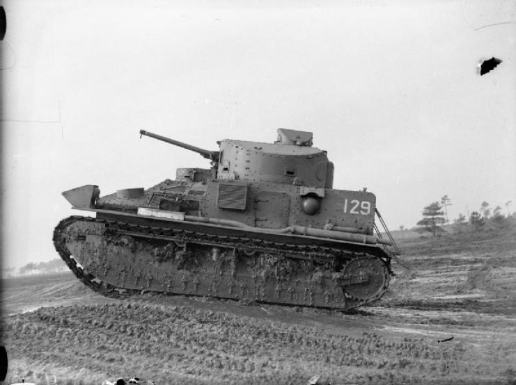 Vickers Medium Mk II tank of the Royal Tank Regiment on manoeuvres at Bovington Camp, Dorset, November 1939.