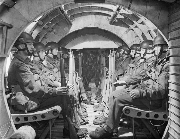 Royal Air Force Flying Training Command, 1940-1945. Airborne troops seated in an Airspeed Horsa of the Heavy Glider Conversion Unit at Brize Norton, Oxfordshire, ready for take off.