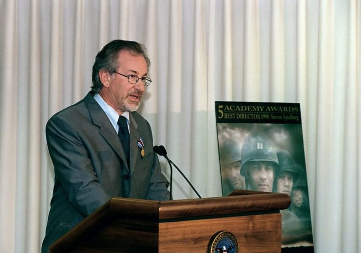Director Steven Spielberg speaking at the Pentagon on August 11, 1999.
