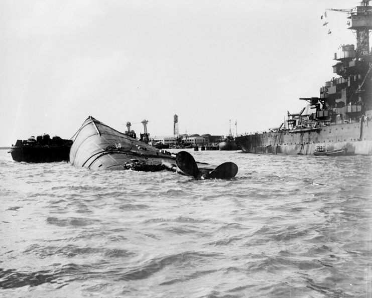 The USS Oklahoma (BB-37) capsized at Pearl Harbor.