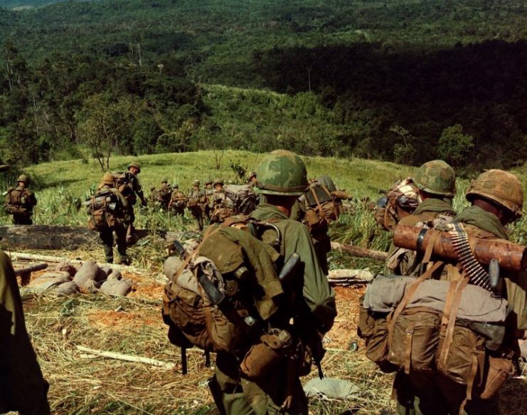 Members of Company C, 1st Battalion, 8th Infantry descend the side of Hill 742, located five miles northwest of Dak To.