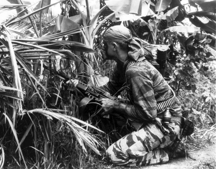 A member of U.S. Navy SEAL team uses caution as he watches for any movement in the thick wooded area along a stream. Vietnam, October, 1968.