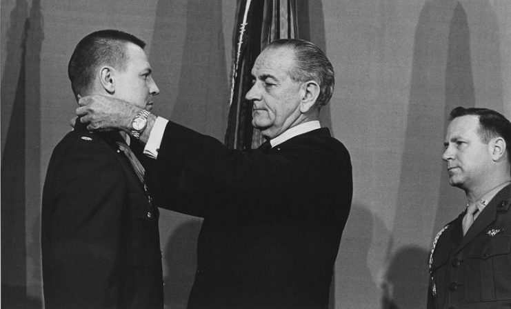 President Lyndon B. Johnson presents Medal of Honor to Major Merlyn Dethlefsen, United States Air Force.