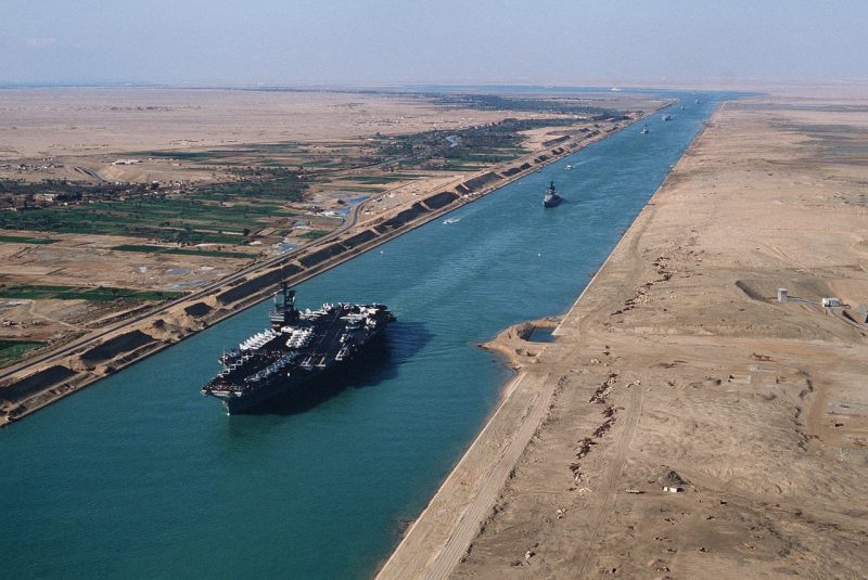 USS America (CV-66), an American aircraft carrier in the Suez Canal