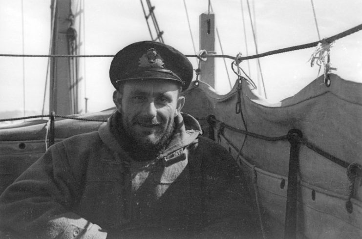 Victor Marchesi, captain of the expedition support ship, HMS William Scoresby, and 2nd-in-command. (Photographer: Michael Sadler; Reproduced courtesy of the British Antarctic Survey Archives Service. Archives ref: AD6/19/2/E402/43a)Copyright: Crown (expired).