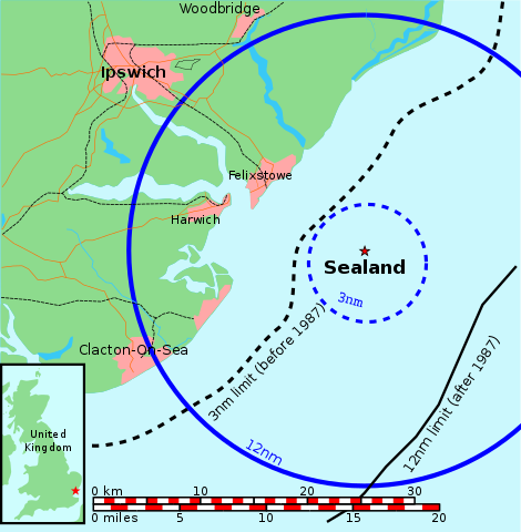 Map of Sealand and the United Kingdom, with territorial water claims of 3 and 12 nmi (6 and 22 km) shown. Map: Chris 73 / CC-BY-SA 3.0