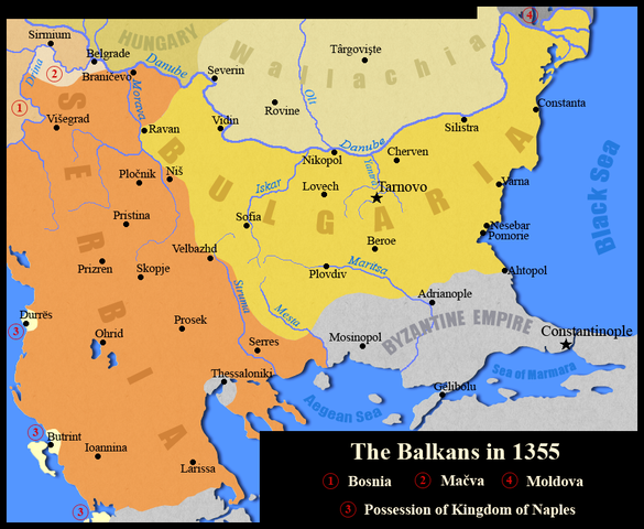 Map of the Balkans in 1355. Serbia had reached its greatest expansion ever following the battle of Velbazhd. Photo: Kandi / CC-BY-SA 4.0