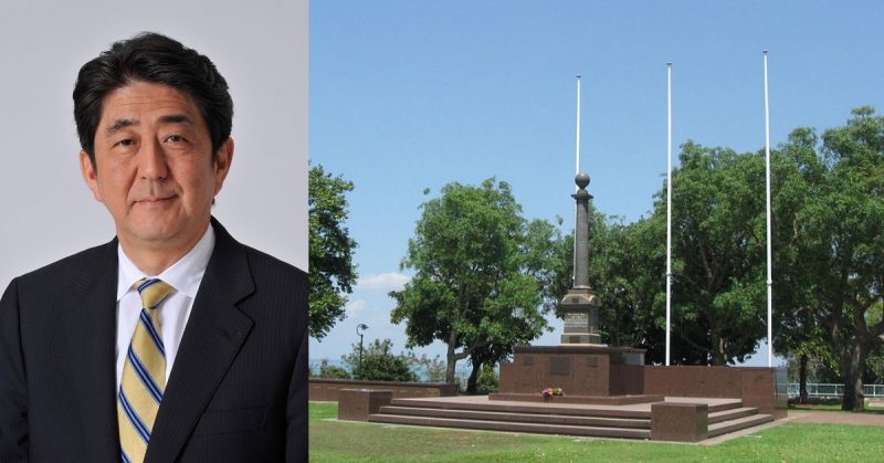 Japanese Prime Minister Shinzō Abe. CC BY 4.0 (left); Darwin War Memorial.Photo Sarah Stewart CC BY 2.0 (right)