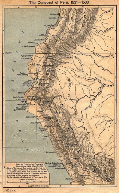 Francisco Pizarro’s route of exploration during the conquest of Peru (1531–1533).