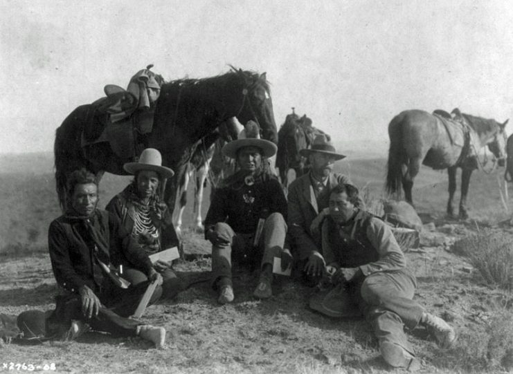 Three of Custer’s scouts accompanying Edward Curtis on his investigative tour of the battlefield, circa 1907. Left to right: Goes Ahead, Hairy Moccasin, White Man Runs Him, Curtis and Alexander B. Upshaw (Curtis’s assistant and Crow interpreter).