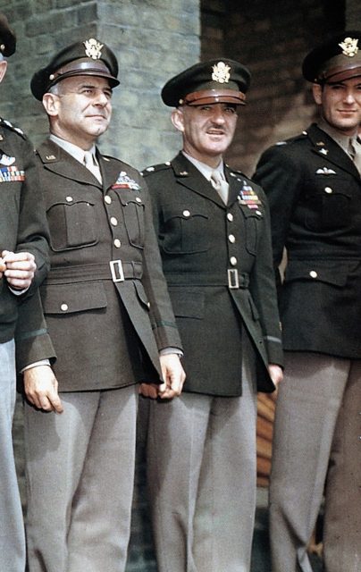 World War II U.S. Army officers wearing the “pinks and greens” uniform.