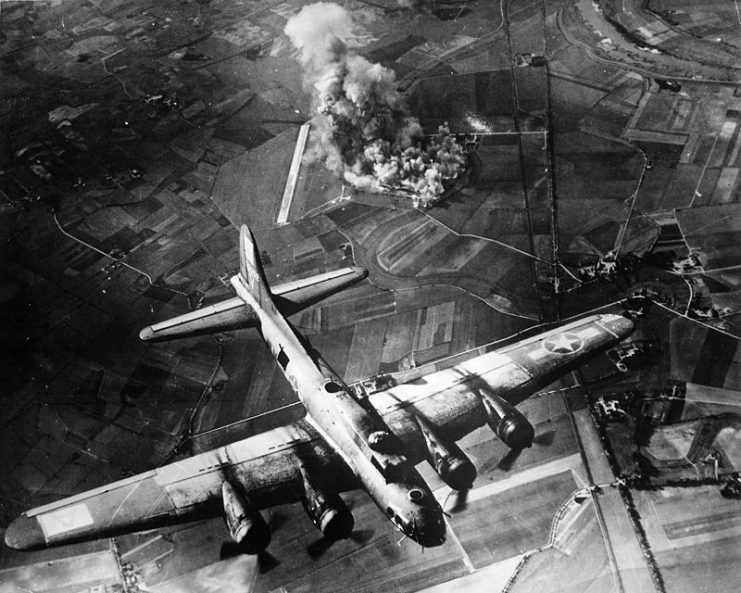 8th Air Force B-17 during a raid on October 9, 1943, on the Focke-Wulf aircraft factory.