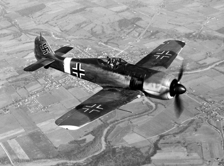 A captured Focke-Wulf Fw 190A in replicated Luftwaffe insignia.