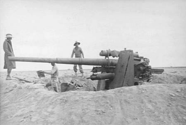 A German 88 mm FlaK 36 gun which had been used as a tank attack weapon near El Aqqaqir, Egypt. The whole crew were killed and were found buried alongside the gun.