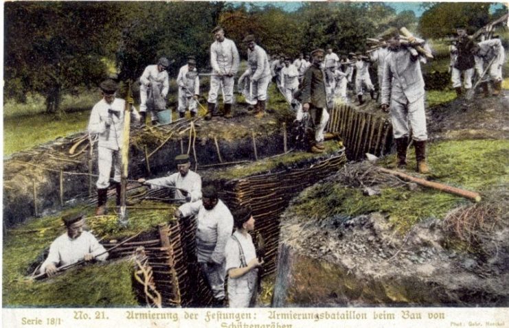 German soldiers digging trenches during WWI.