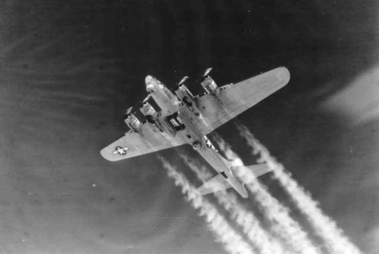 B-17G of the 452 Bomb Group with its bomb doors open.