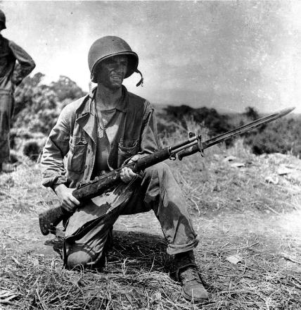 Jan. 26, 1943: An infantryman is on guard on Grassy Knoll in Guadalcanal, Solomon Islands during World War II.