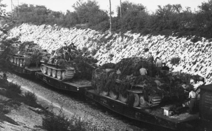 Panthers, already with bush camouflage attached, being transported by rail to the front in France. Photo: Bundesarchiv, Bild 101I-721-0398-10A / Wagner / CC-BY-SA 3.0