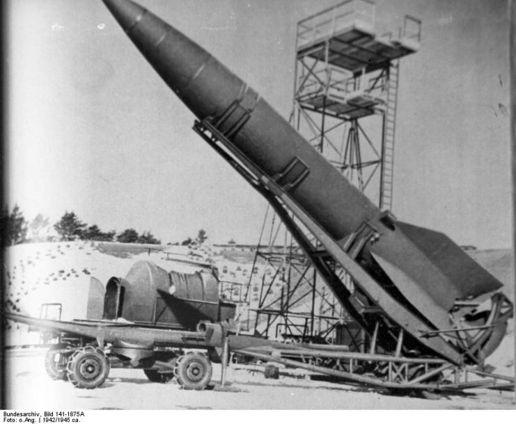 V2 on launcher. By Bundesarchiv – CC BY-SA 3.0 de