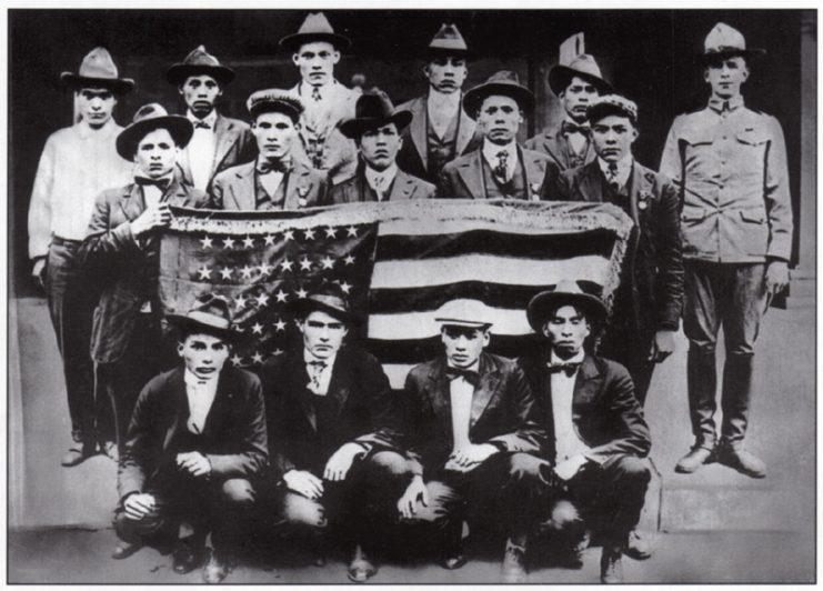 Choctaw soldiers in training during World War I for coded radio and telephone transmissions.