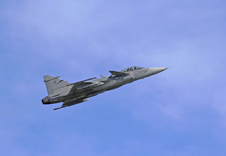 Czech military aircraft JAS-39 Gripen on Czech Air show CIAF 2013 in Hradec Králové, Czech Republic.Photo: Karelj CC BY-SA 3.0