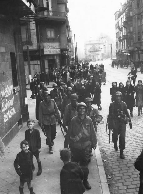 Civilians Watch US Army 3rd Army Troops Move thru Frankfurt 1945